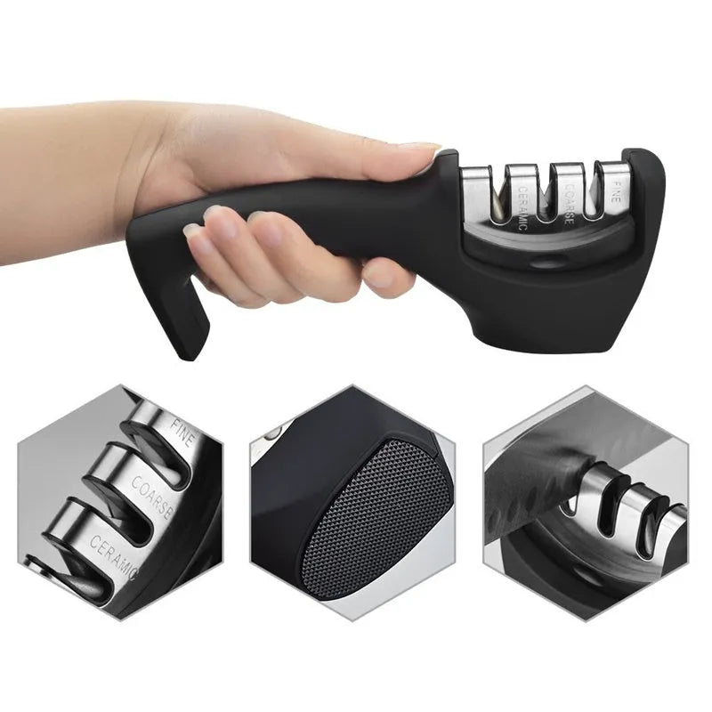 Professional knife sharpener with three-level sharpening system and anti-slip rubber feet in black on a white background