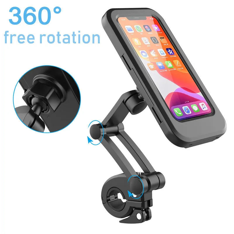 Adjustable waterproof bicycle phone holder mount in black, holding a smartphone on a handlebar with magnetic suction and 360-degree rotation