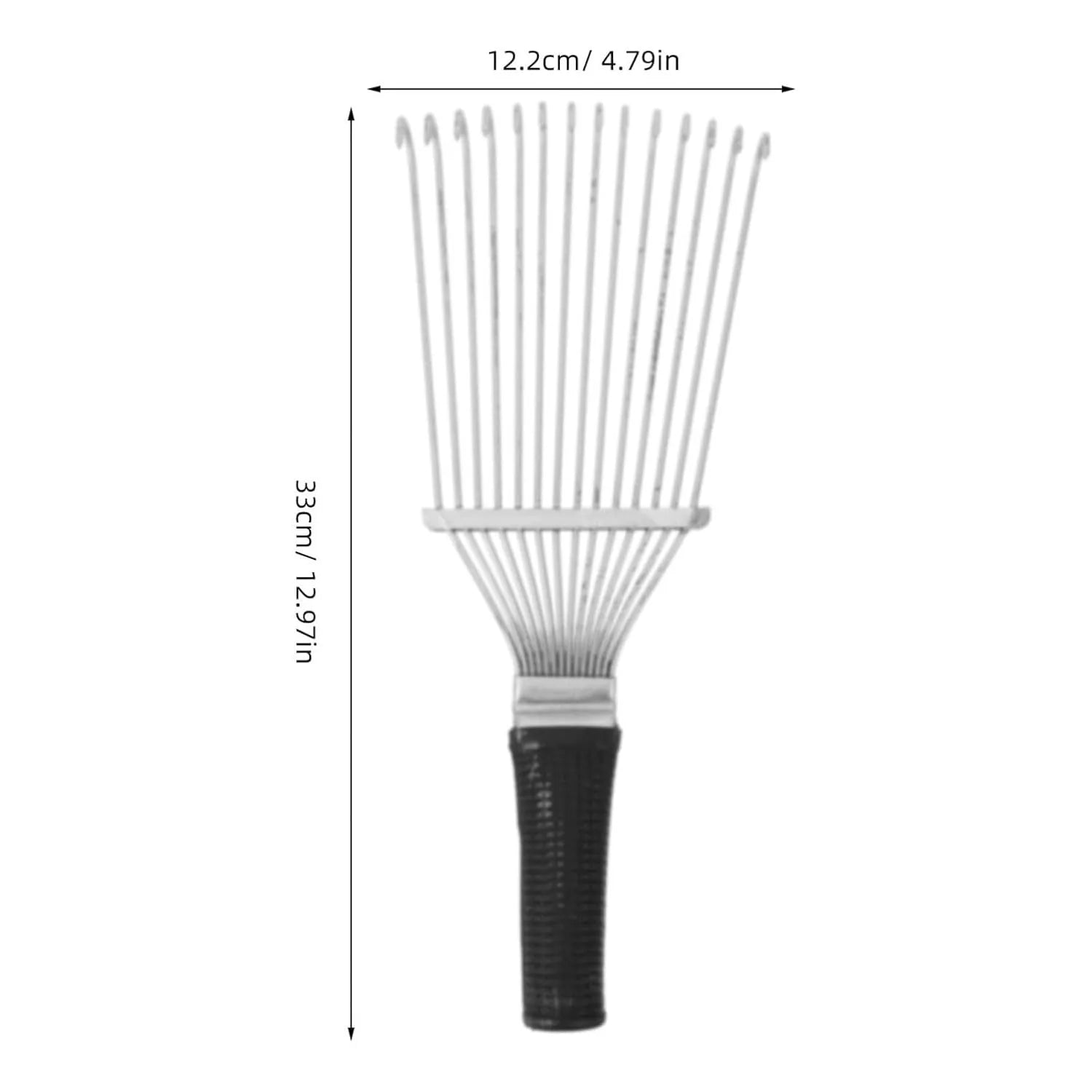 Black stainless steel dematting brush rake comb for dog and horse grooming, showing metal teeth and handle.