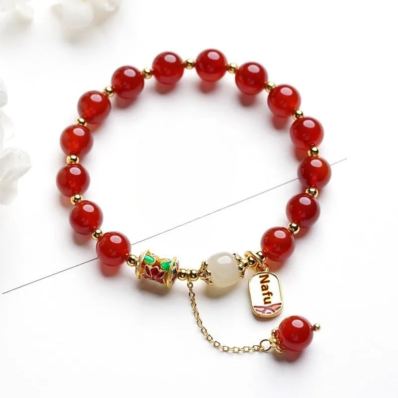 Natural crystal red agate bead bracelet with gold plating finish for women, single circle style on white background