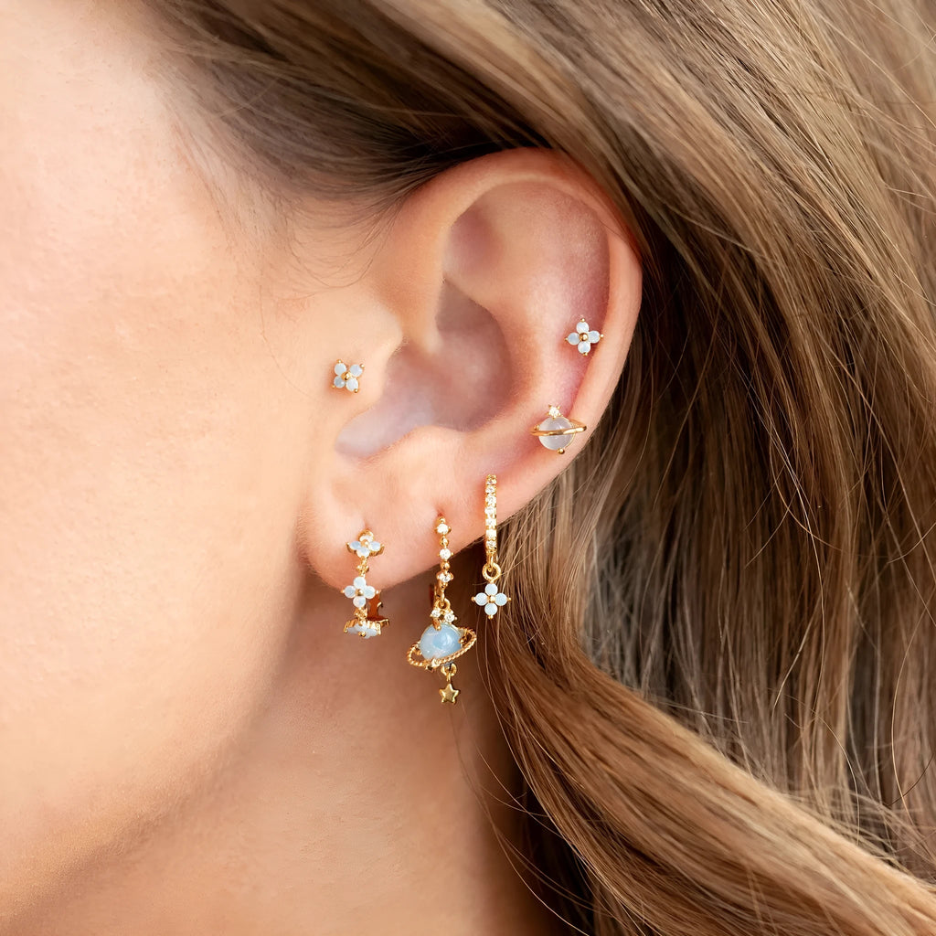 Gold and silver flower ear studs with zircon mosaic geometric Japanese Korean style design