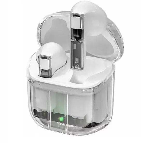 Transparent space capsule case containing black Bluetooth earphones with a digital battery display screen.