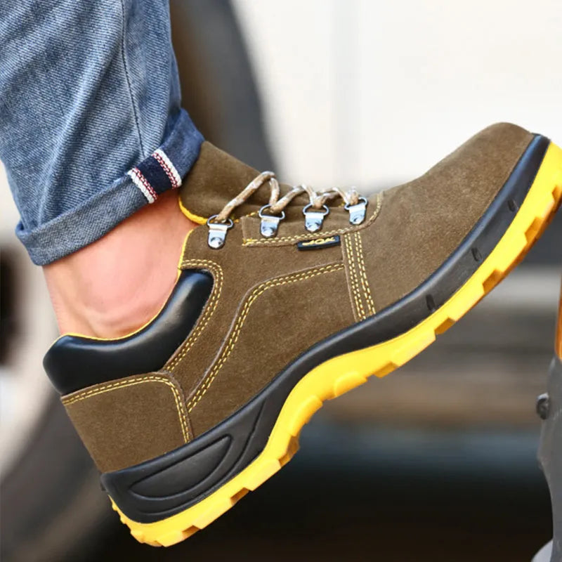 Bronze cow suede steel toe safety shoes with low-cut design and solid sole