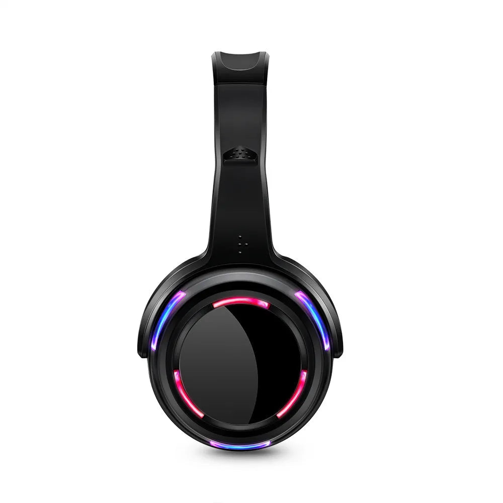 Black silent disco wireless headphones with over-ear design and 3.5mm plug