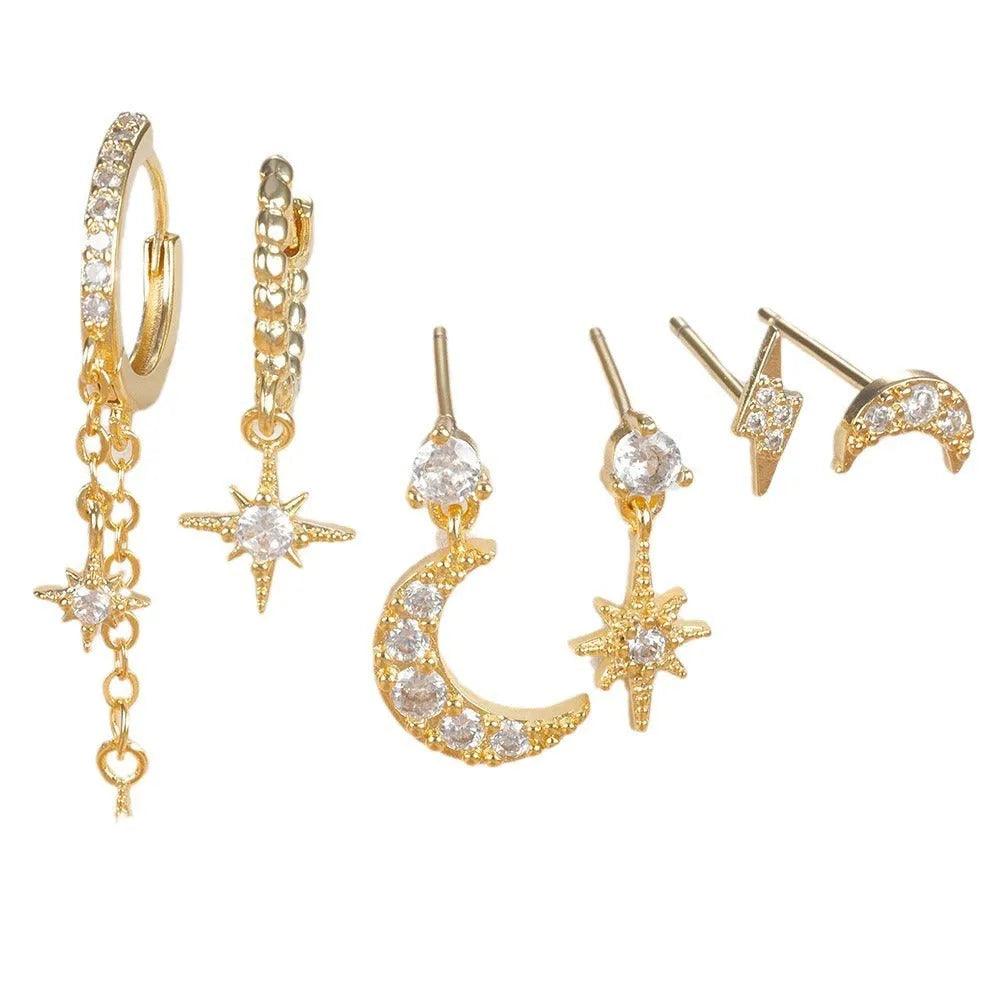 Six gold electroplated zircon stud earrings with chain tassel designs on copper base