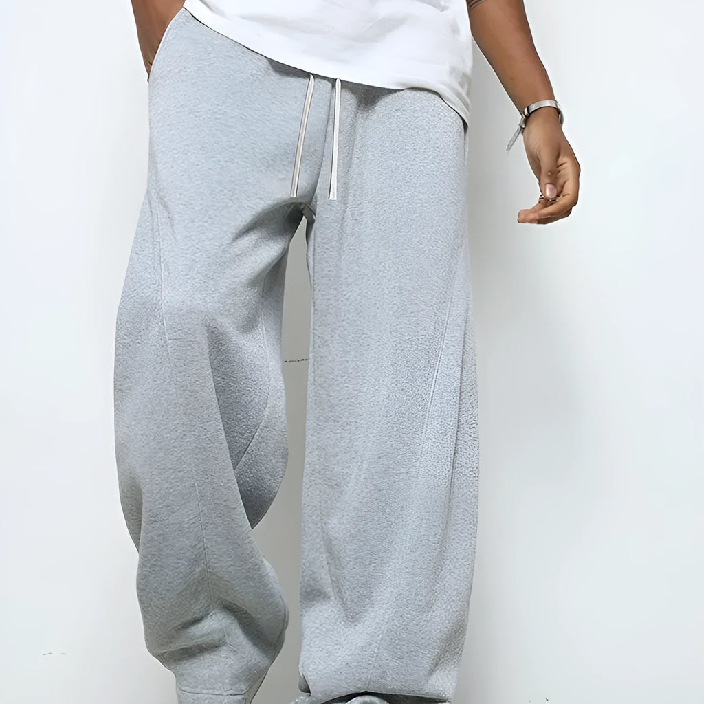 Men's straight leg polyester casual trousers in black with micro-elastic drawstring waistband