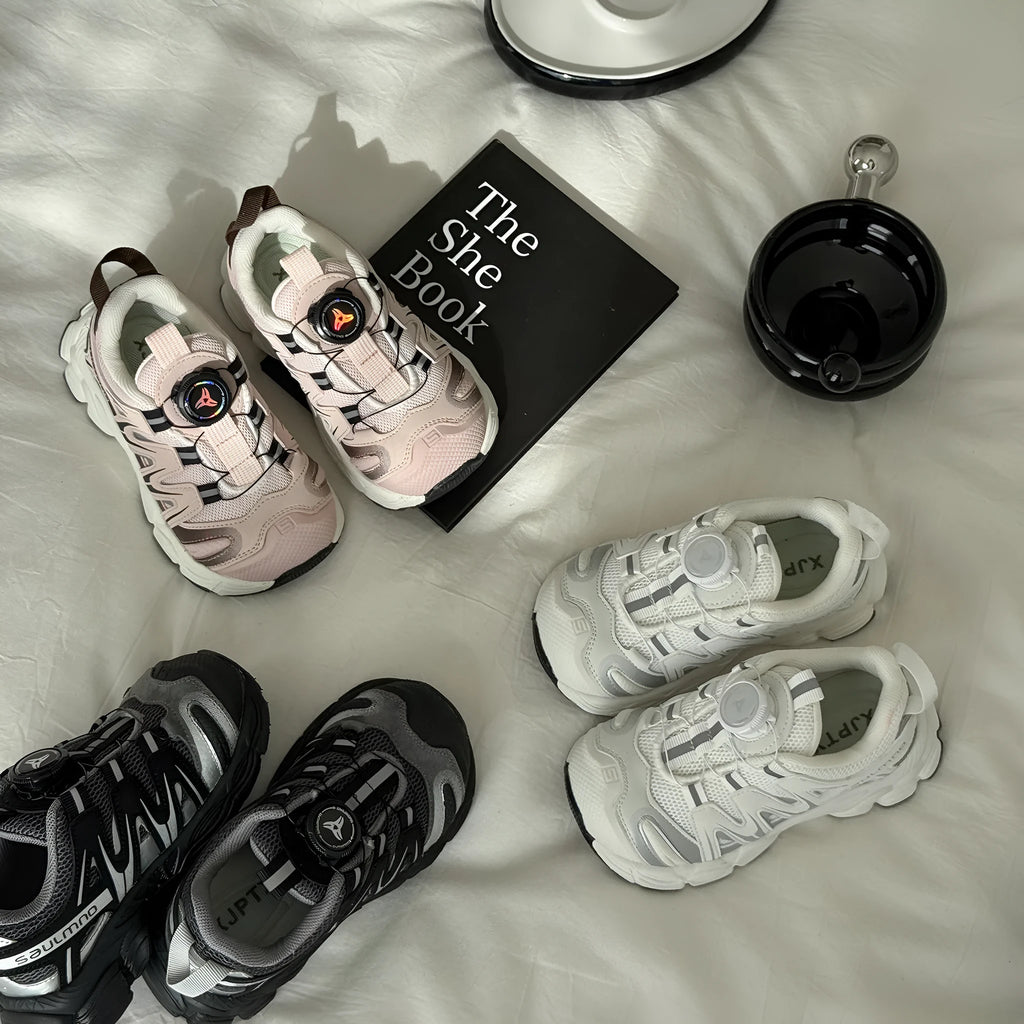 Girls casual shoes in PU leather mesh available in beige, black, or pink colours