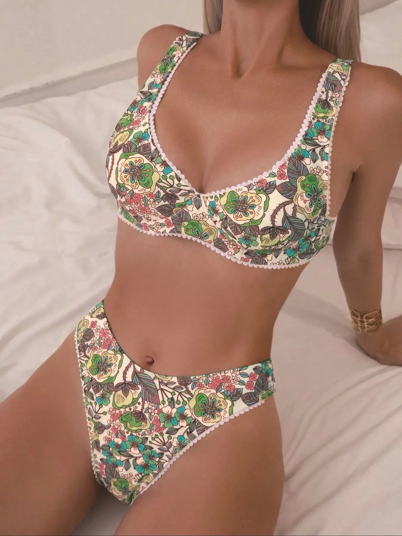 Women's printed steel bracket push up tie side high waist bikini swimsuit in colour Printing 1
