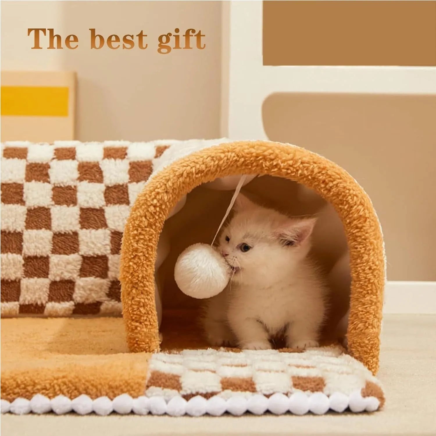 XL brown plaid plush cat tunnel bed with central mat and non-slip bottom on a wooden floor.