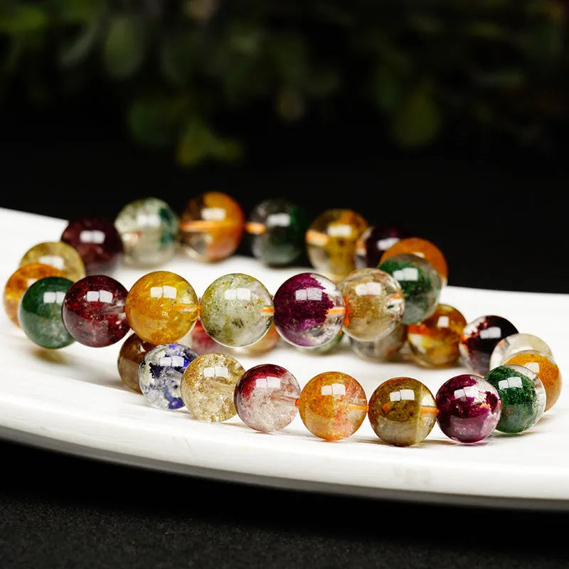 Natural colourful ghost cornucopia crystal bracelet with 10mm beads in ethnic retro style