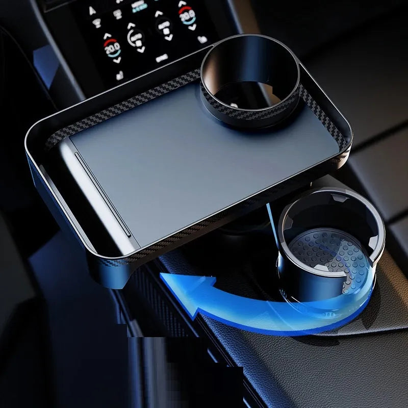 Black car-mounted rotating dinner tray holder with cup holder attachment