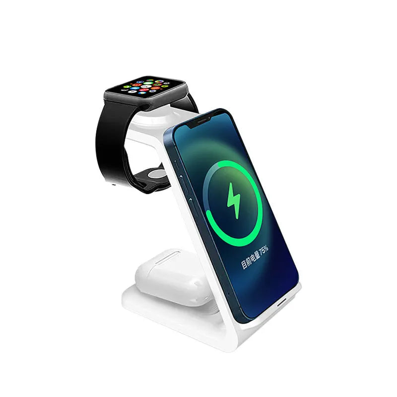 White 3-in-1 upright wireless phone charger holder with Type-C cable on desk
