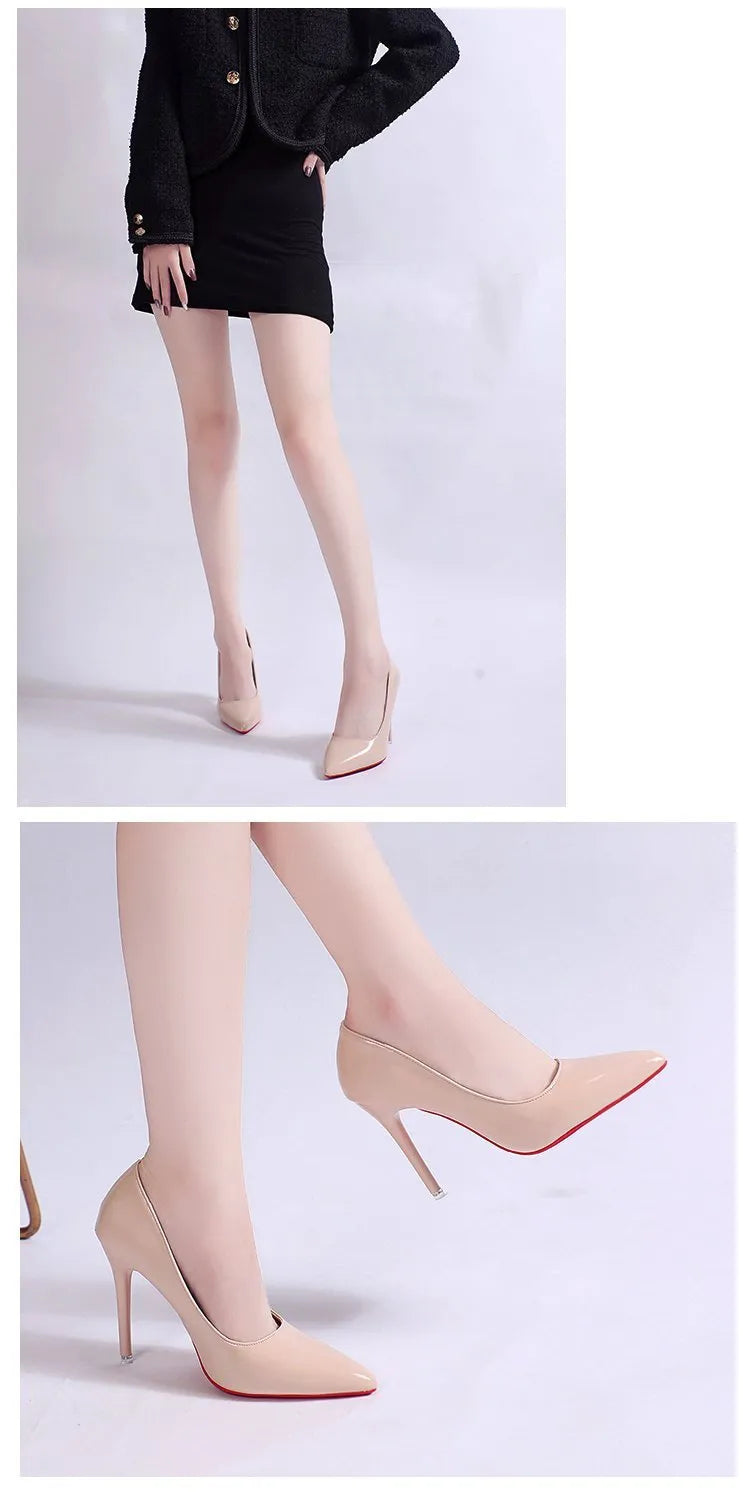 Women's solid colour pointed toe stiletto pump on a white background.