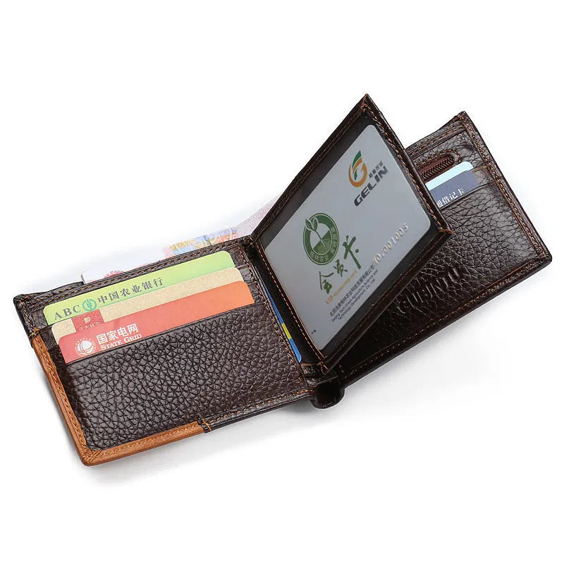Brown cowhide leather men's wallet with car stitching detail showing multiple card slots and compartments