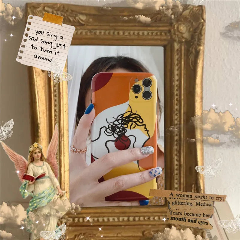 Orange yellow soft glue cartoon line painting protective phone case for Apple iPhone 11 Pro Max with hood
