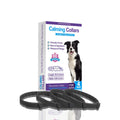 Four dog calming collars in different colours, showing TPR material and 62cm length.