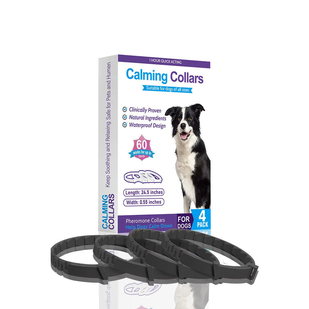 Four dog calming collars in different colours, showing TPR material and 62cm length.