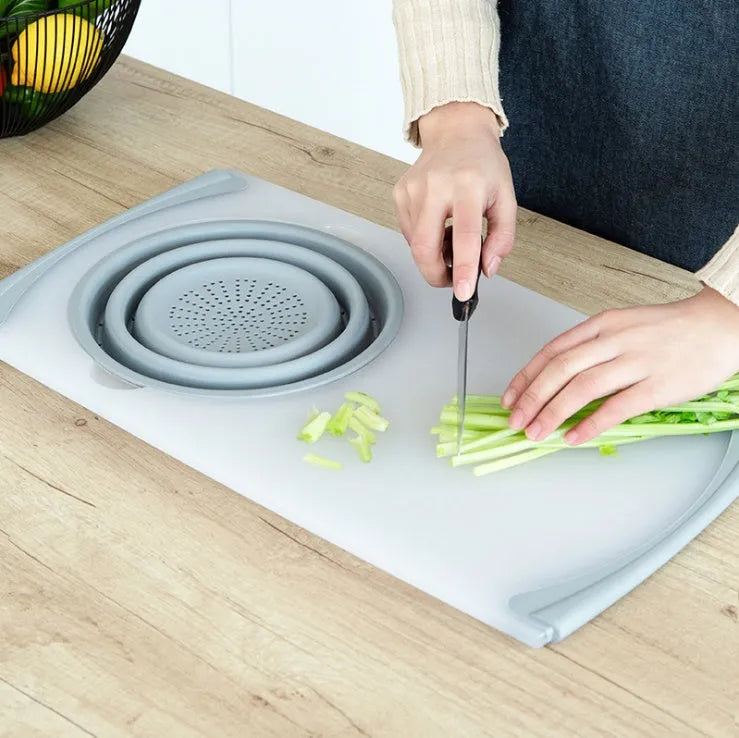 Gray PP+TPR multi-functional 3 in 1 chopping board with detachable folding drain basket and thickened cutting surface