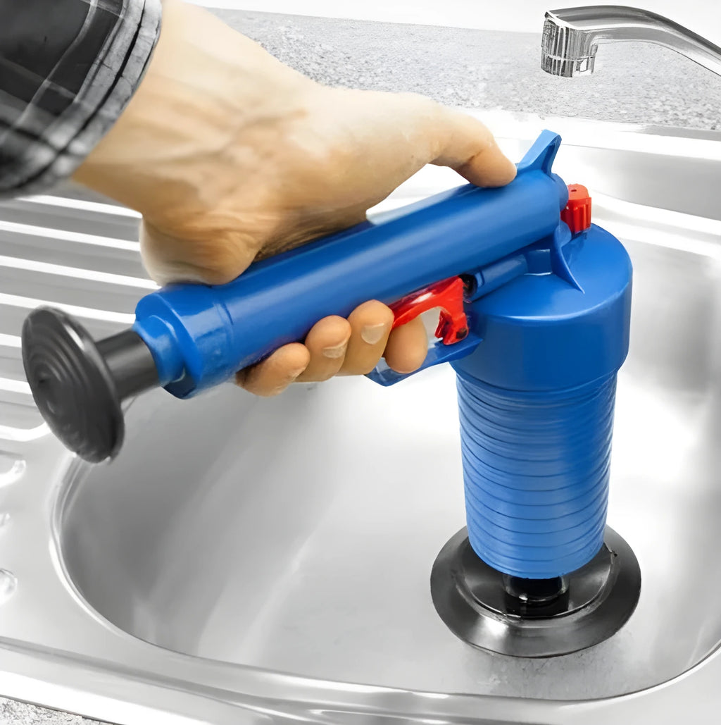 Plastic high-pressure air drain blaster gun with 4 adaptors for hard pipes, 28 x 27.5 cm