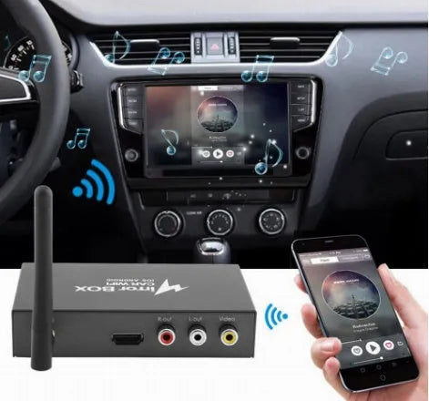 Black car mirror link WiFi box with power cable, antenna, AV cable and manual for smartphone screen mirroring.