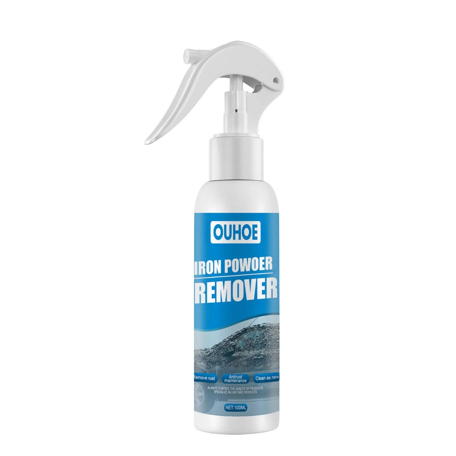100ml and 30ml car iron powder remover spray bottles with blue square sponge and towel on a car panel.