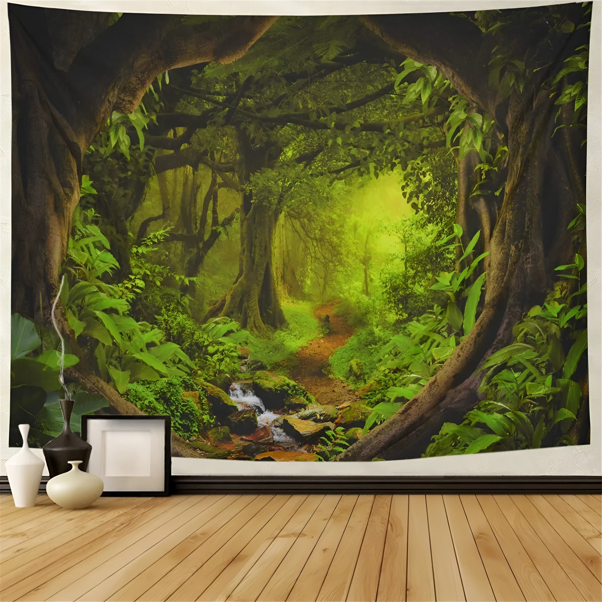 Large polyester wall hanging with natural forest print, bohemian mandala style, available in multiple sizes