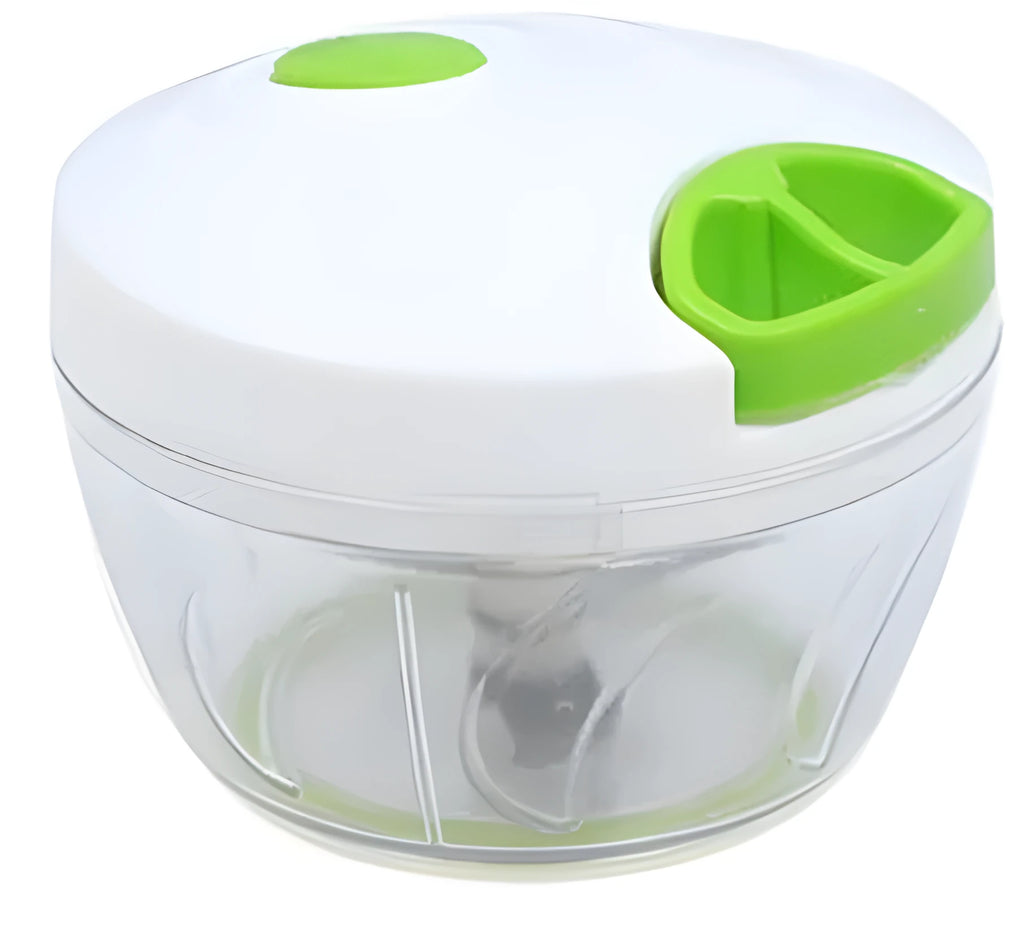 Green manual kitchen chopper with three stainless steel blades and a 500ml plastic container.