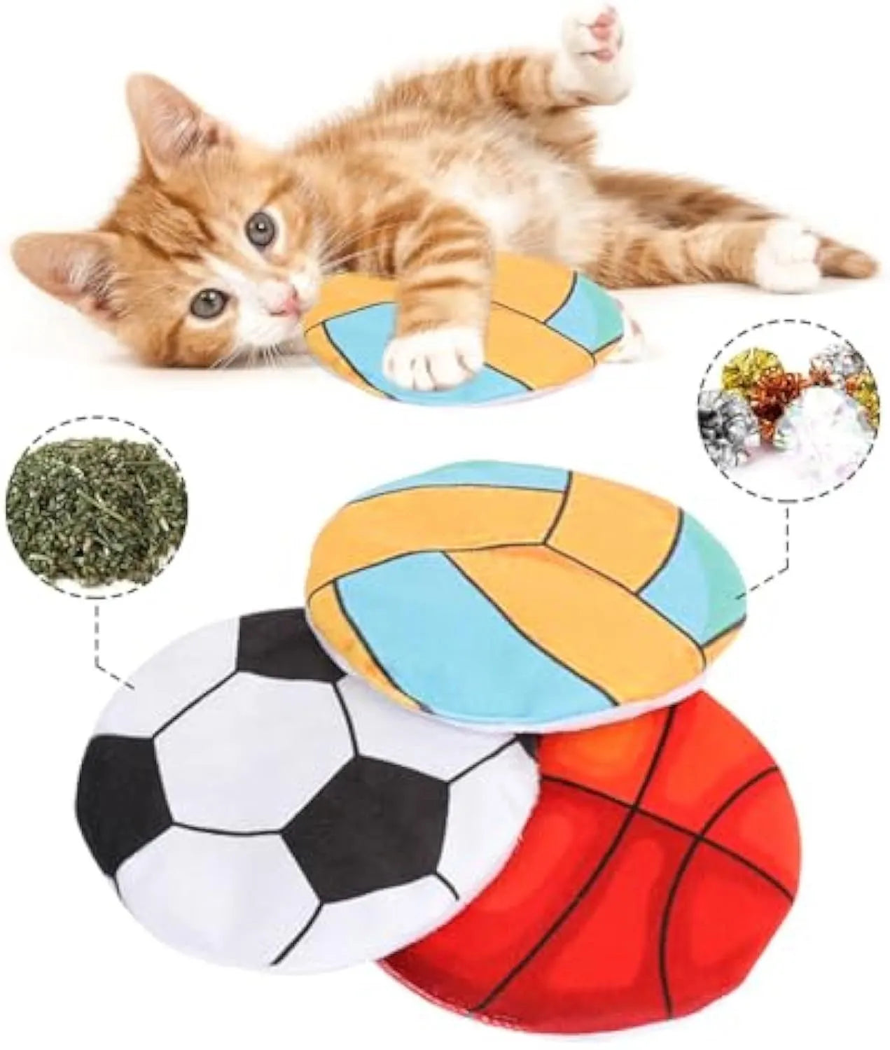 Catnip-filled plush flying disc toy with internal crinkle sounds for indoor cats