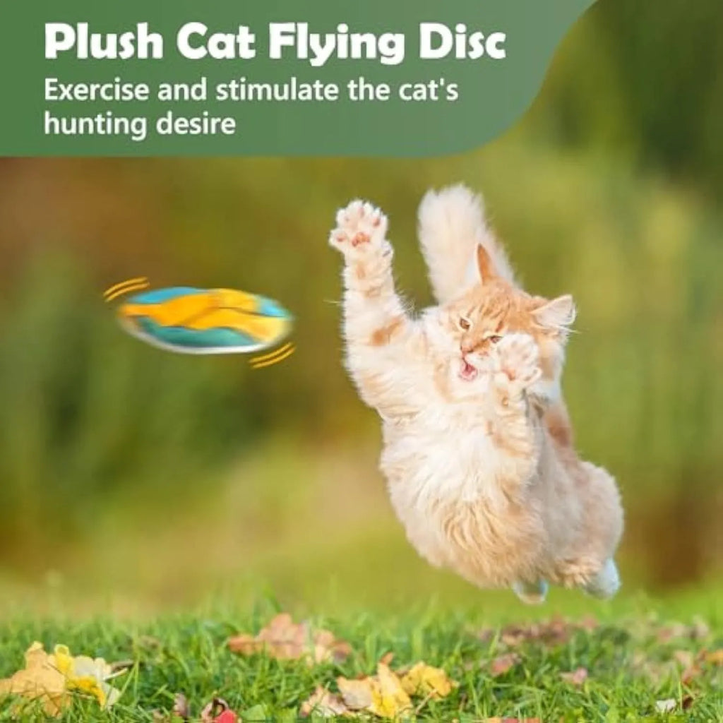 Catnip-filled plush flying disc toy with internal crinkle sounds for indoor cats