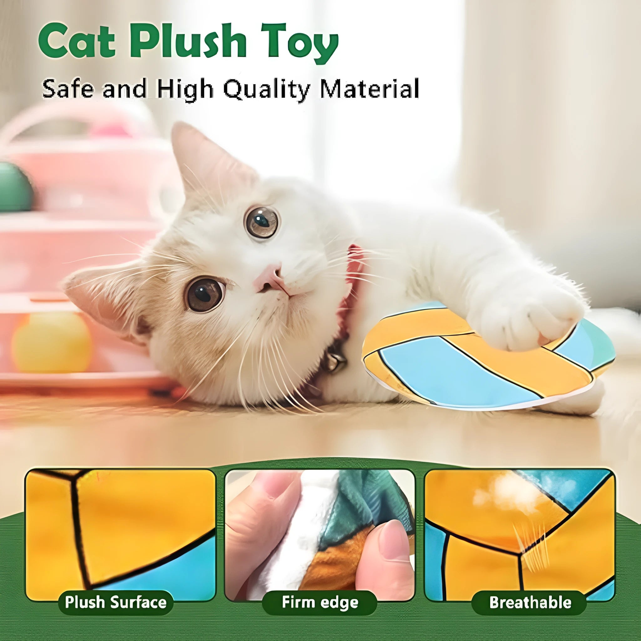 Catnip-filled plush flying disc toy with internal crinkle sounds for indoor cats