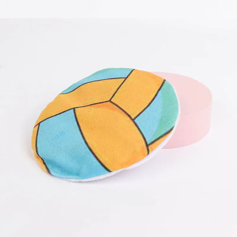 Catnip-filled plush flying disc toy with internal crinkle sounds for indoor cats