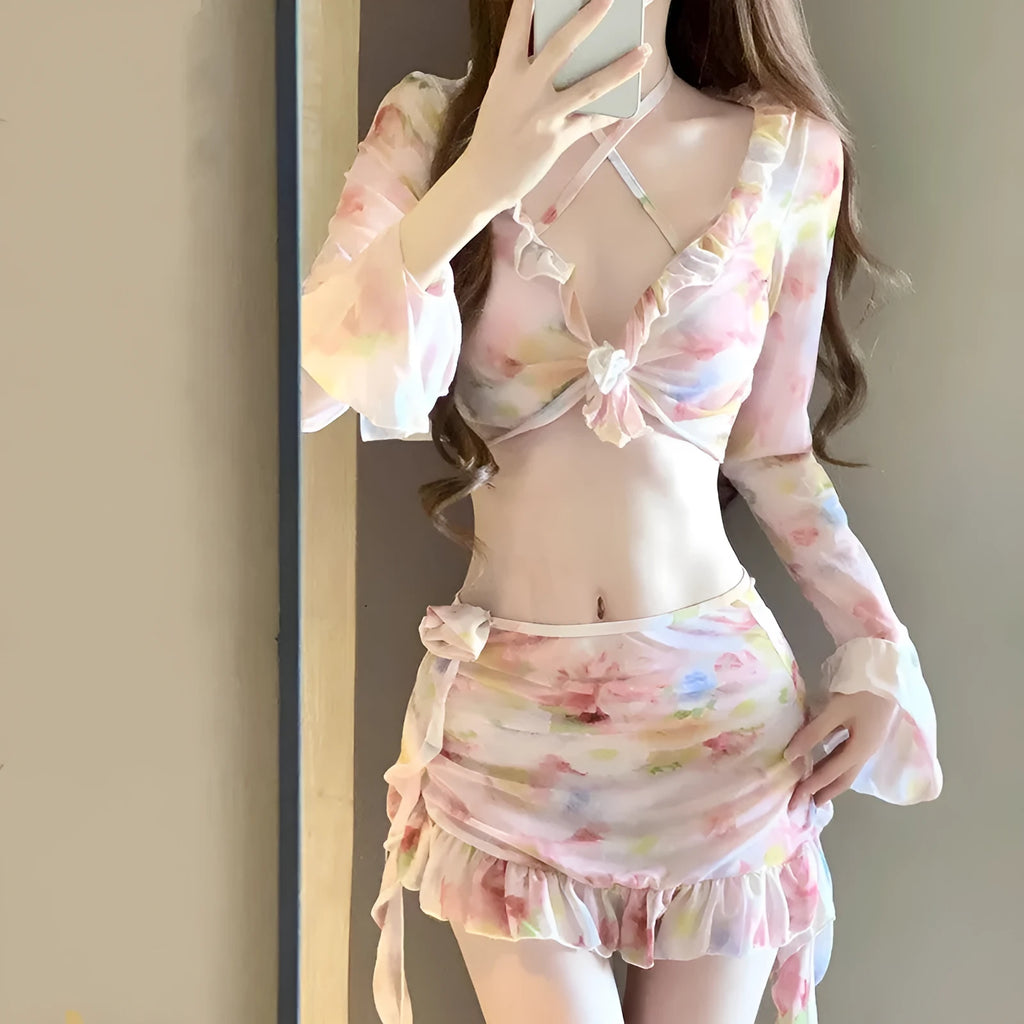 Women's floral bikini swimsuit in cherry blossom pink colour with Asian sizing options