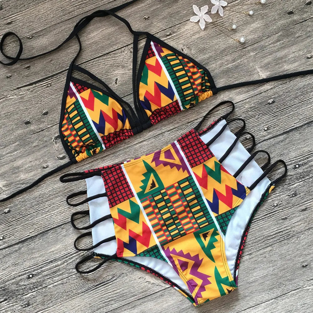 Women's digital print bikini with high-waisted briefs and backless design for swimming sports