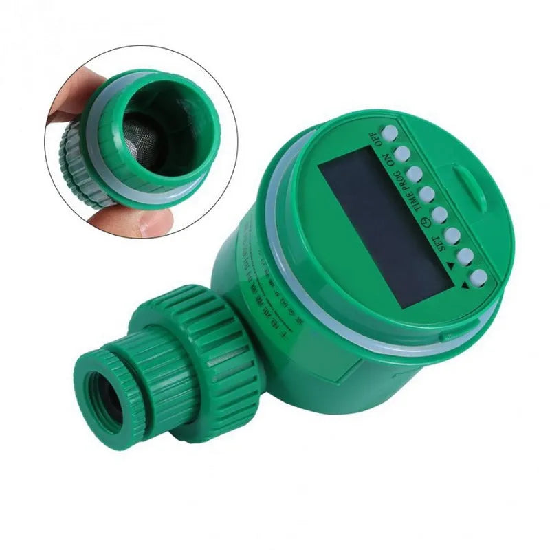 Automatic watering timer in green for drip irrigation with dial interface and brass connectors