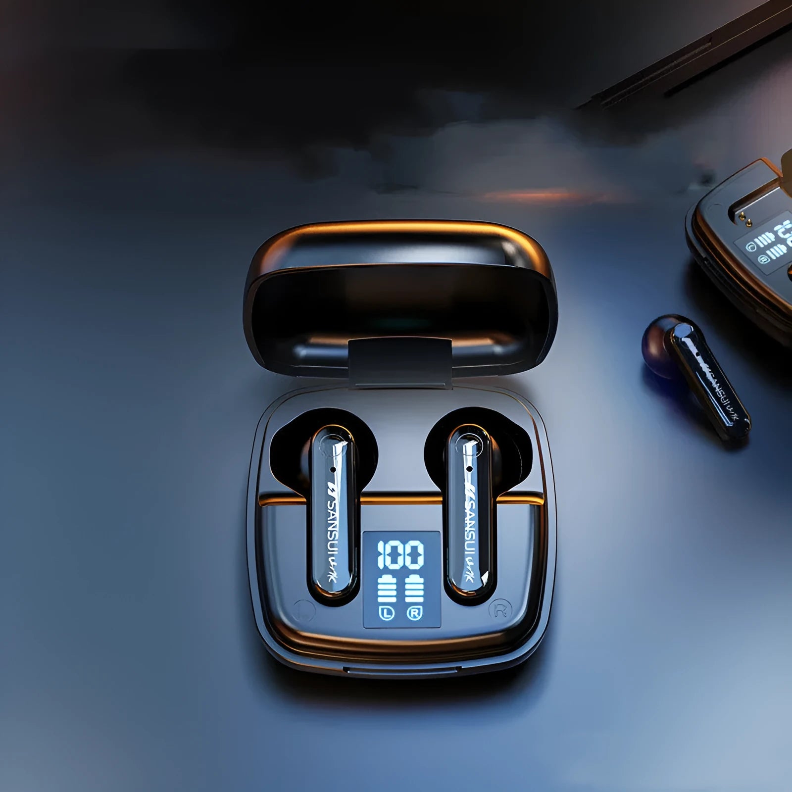 Wireless binaural semi-in-ear earphone in dark night black with HIFI sound quality