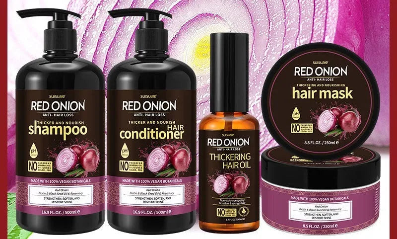 Red Onion Shampoo, Conditioner, Hair Mask, and Essential Oil four-piece haircare set.