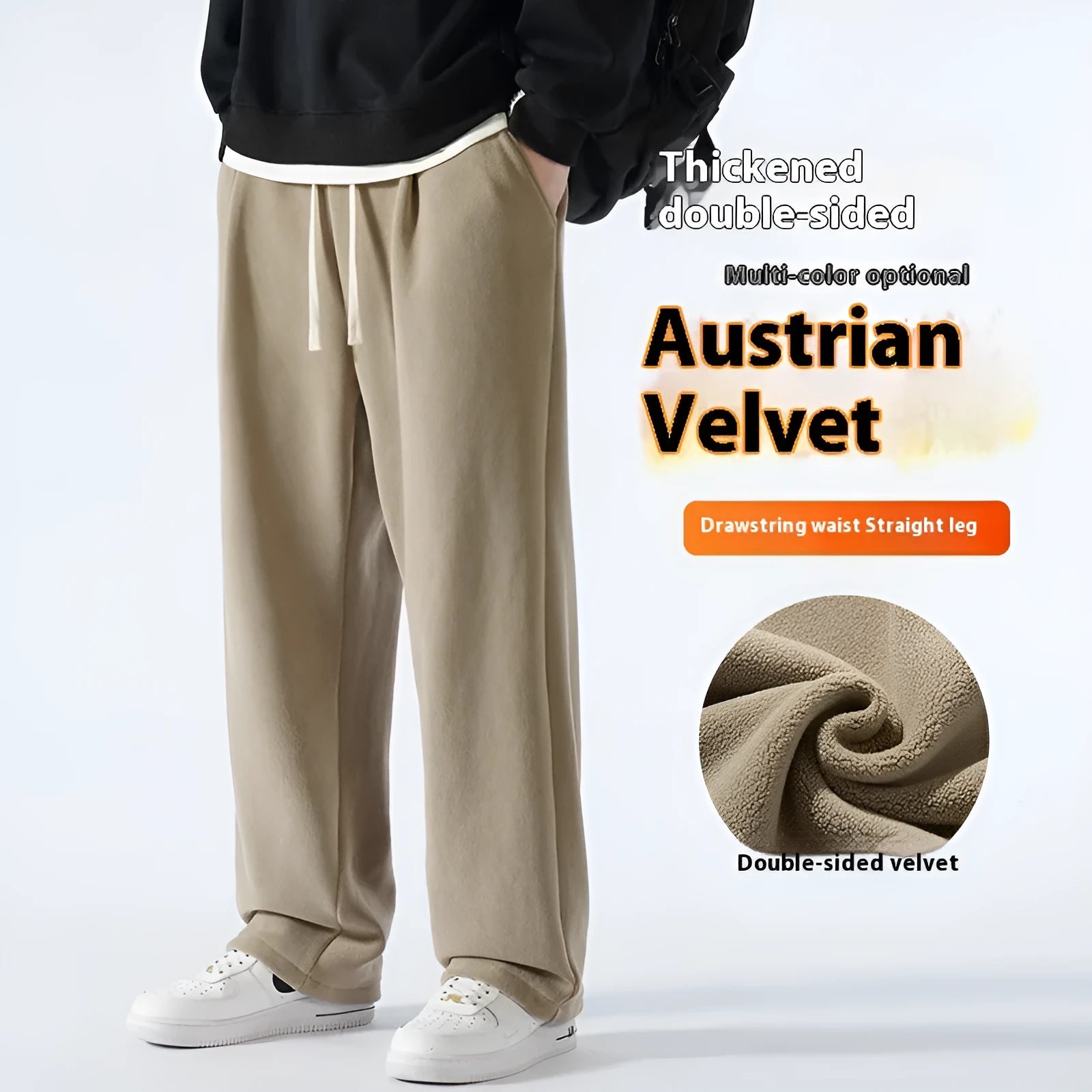 Men's apricot double-sided polar fleece winter trousers with a loose fit and drawstring waistband on a hanger.