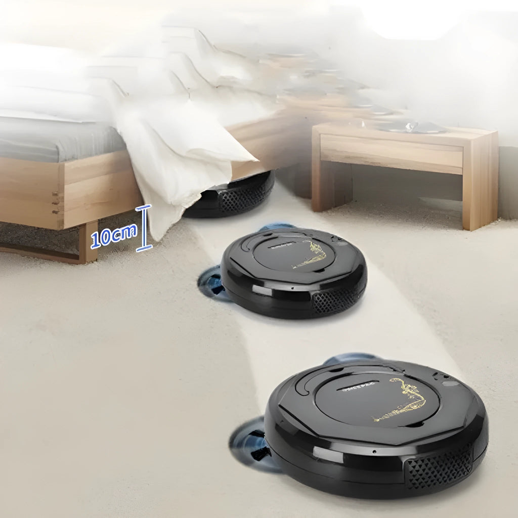 Lazy Smart floor sweeping robot vacuum cleaner in black, blue, or white colour on hard flooring.