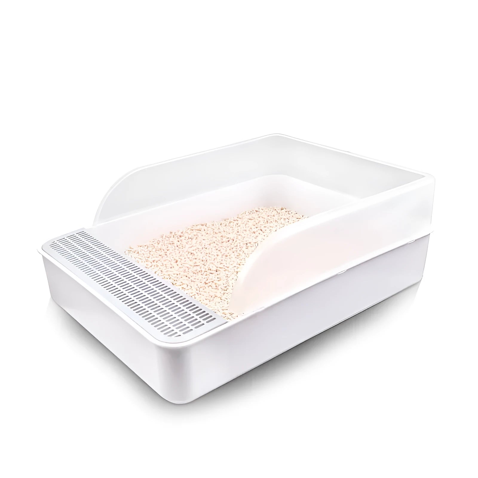 White semi-enclosed cat litter box size S made of PP plastic on a clean floor