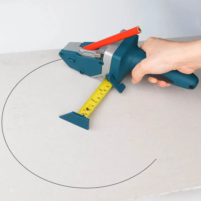 Blue multifunctional woodworking cutter with a measuring scale and one-press lock for dust-free board cutting.