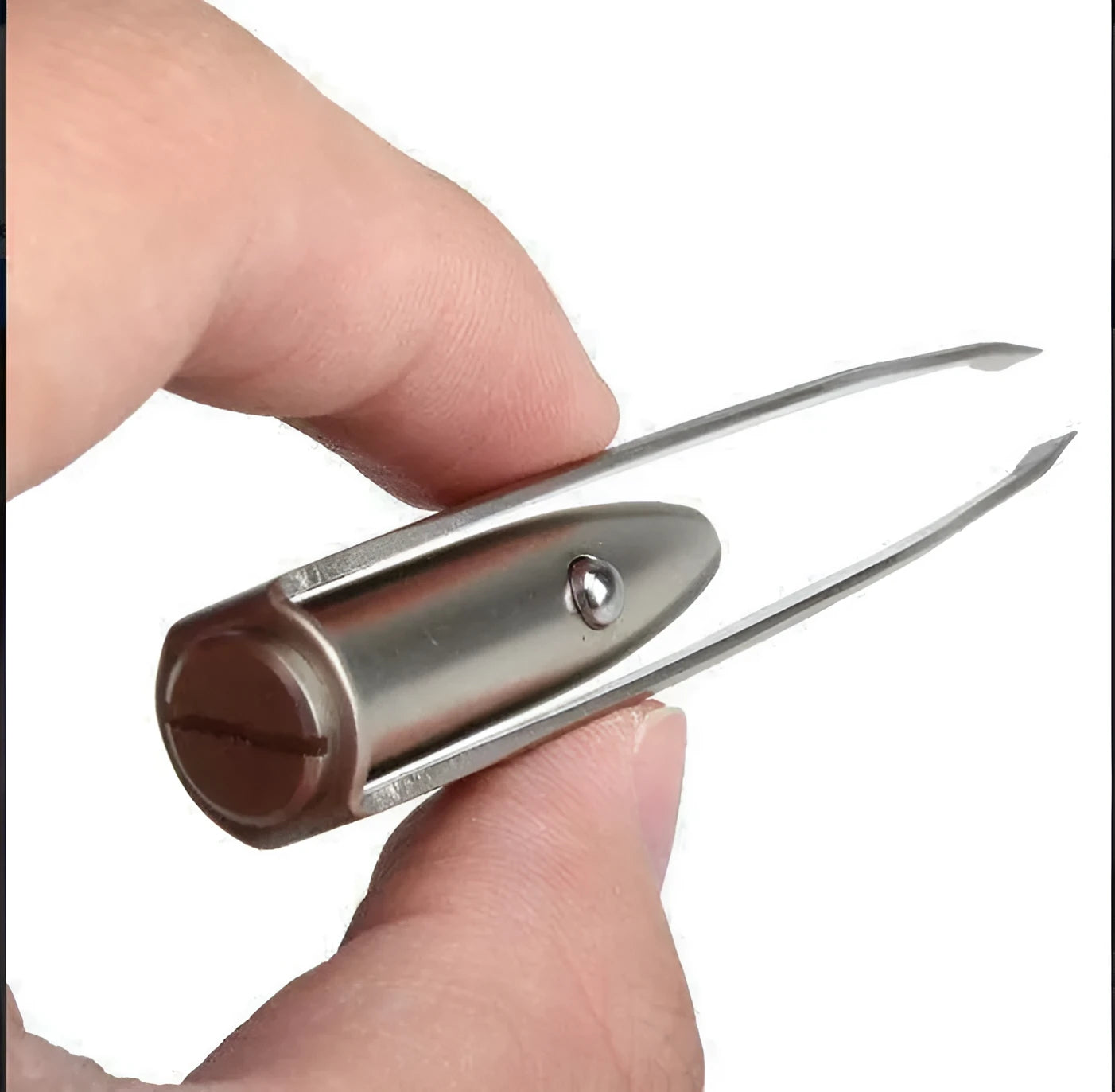 Stainless steel LED beauty tweezers with built-in light and push-button switch, 8.5 cm length