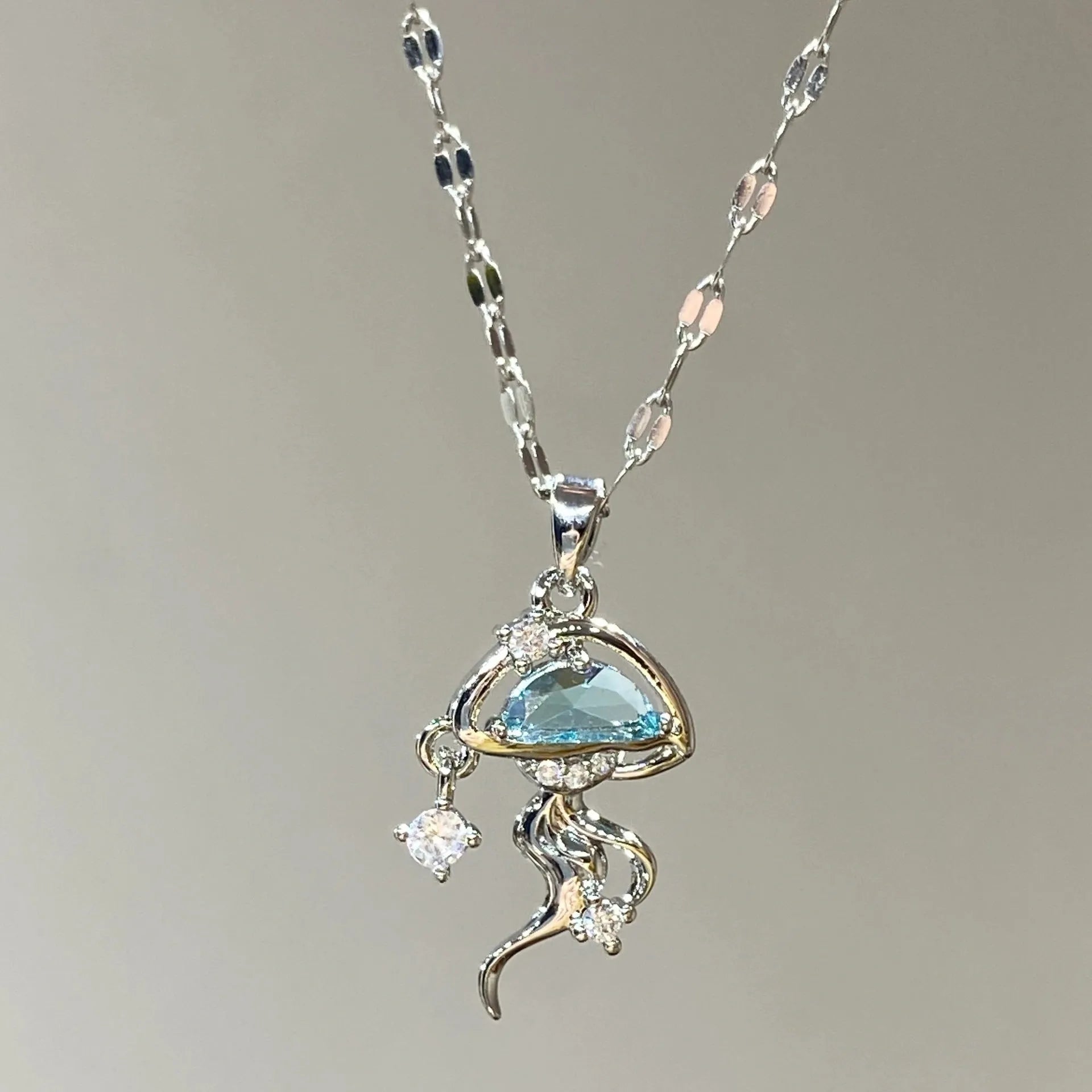 S925 sterling silver blue jellyfish pendant necklace on white gold colour chain with diamond finish