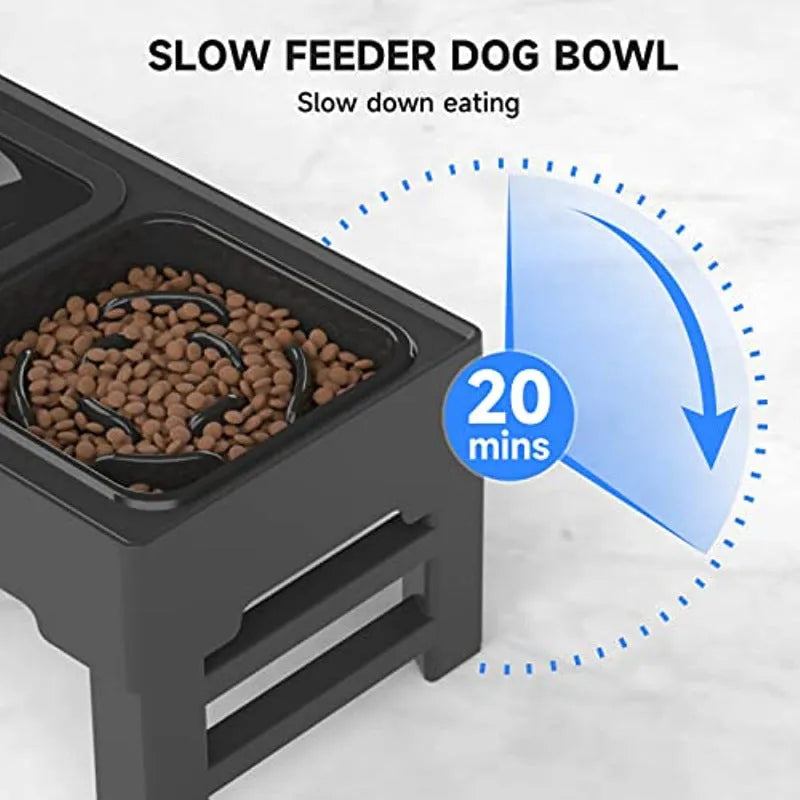 Elevated dog bowl with adjustable height, slow feeder bowl, non-spill water bowl, anti-slip rubber pads, for small medium large dogs