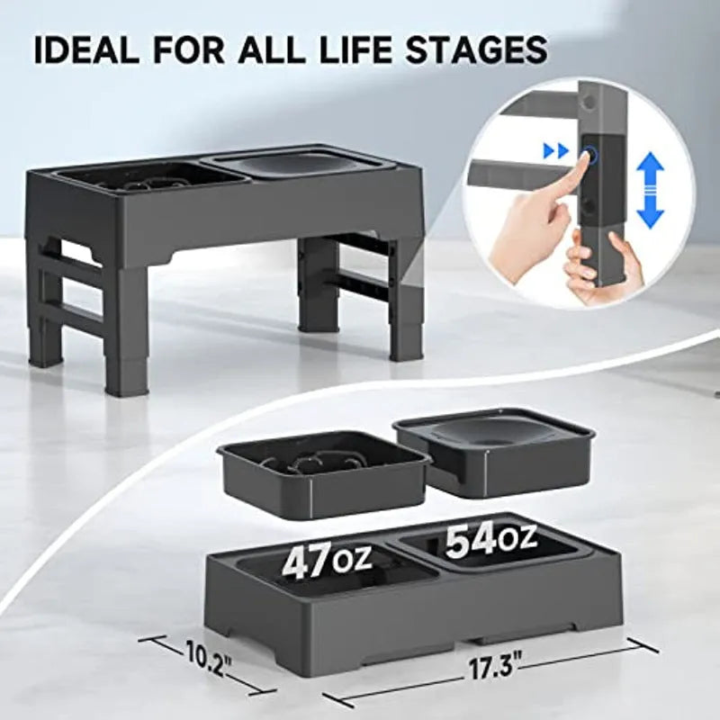 Elevated dog bowl with adjustable height, slow feeder bowl, non-spill water bowl, anti-slip rubber pads, for small medium large dogs