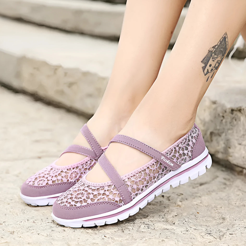Women's breathable mesh lace-up casual shoes solid colour round toe flat heel beige side view