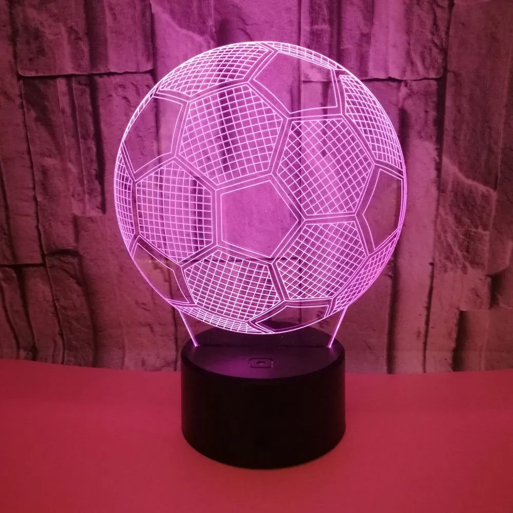 3D football night light with colourful projection on acrylic display, ABS base, showing colour-changing options.