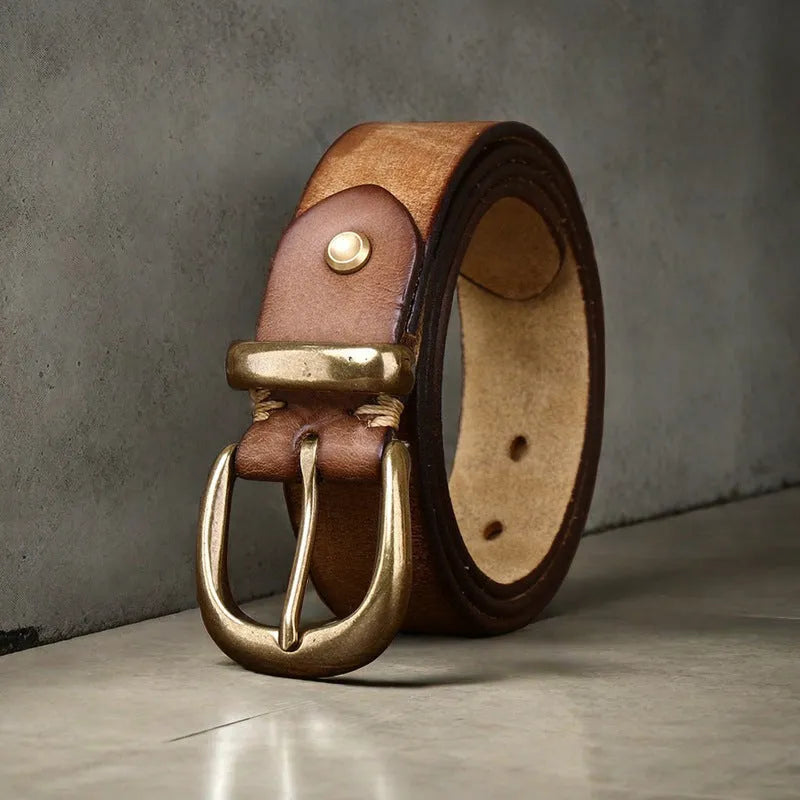 Men's casual belt in first layer cowhide leather with copper pin buckle, showing adjustable length from 95-125 cm