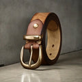 Men's casual belt in first layer cowhide leather with copper pin buckle, showing adjustable length from 95-125 cm