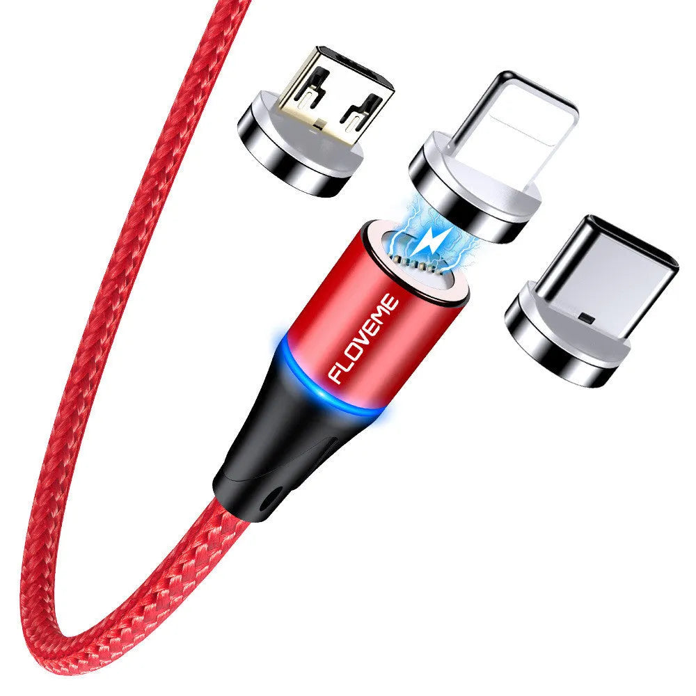Black magnetic fast-charge data cable with side LED light and Type-C, Lightning, and Micro-USB connectors.