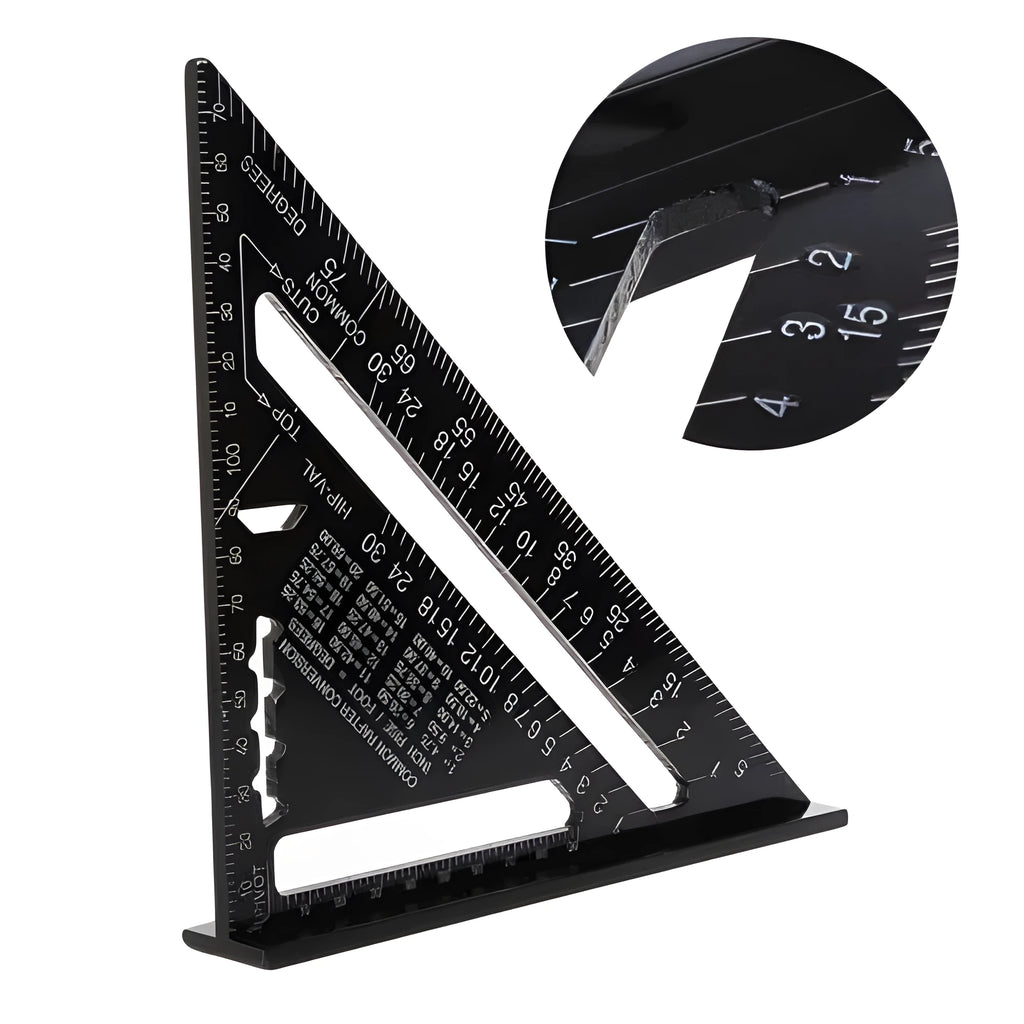 Black oxidation aluminium triangle ruler square showing metric scale for precision drawing and woodworking